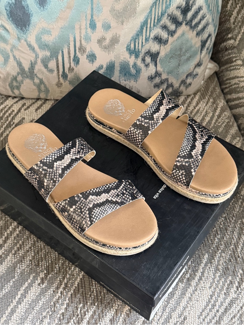 Vince Camuto Women’s Snake-Print Espadrille Slide Sandals in Black and Tan